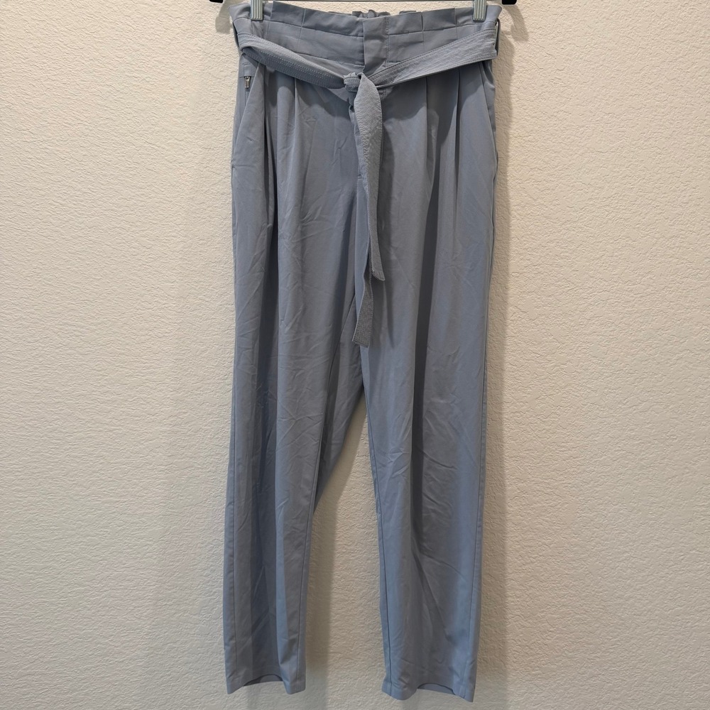 Athleta Skyline Pant II Blue Gray Paperbag Waist Tie Belt Tapered Leg Size 8